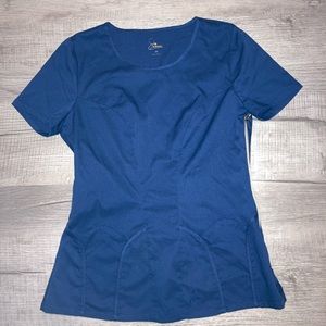 Women’s Jaanuu navy scrub top figure flattering side gold zipper size XS